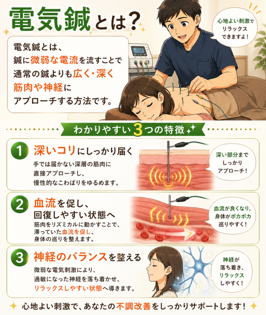 電気鍼とは？ 電気鍼とは、 鍼に微弱な電流を流すことで 通常の鍼よりも広く・深く 筋肉や神経にアプローチする方法です。 わかりやすい3つの特徴 ① 深いコリにしっかり届く 手では届かない深層の筋肉に直接アプローチし、 慢性的なこわばりをゆるめます。 ② 血流を促し、回復しやすい状態へ 筋肉をリズミカルに動かすことで、 滞っていた血流を促し、身体の巡りを整えます。 ③ 神経のバランスを整える 微弱な電気刺激により、 過敏になった神経を落ち着かせ、 リラックスしやすい状態へ導きます。